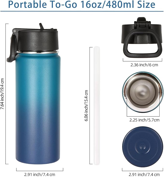 Volhoply 16 OZ Kids Water Bottle Bulk 2 Pack,Insulated Sports Bottles with Straw Lid,Stainless Steel Bottle with Handle Keep Cold & Hot,Double Wall Vacuum Tumbler Cups for School(Dark Night, 2)