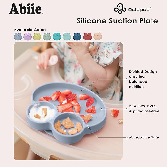 Abiie Octopod Frog Silicone Plates with Suction - Spill Proof, Easy to Clean - BPA-Free Bowl - Suction Plates for Baby and Toddler - Training & Feeding Divided Grip Dish (Pastel Yellow)