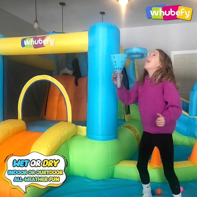 Whubefy Inflatable Water Slide Bounce House for Kids Backyard Blow Up Water Park with Dual Slides & Double Splash Pools, Ring Toss & Water Cannon, Arch & Overhead Sprinkler for Indoor Outdoor Play