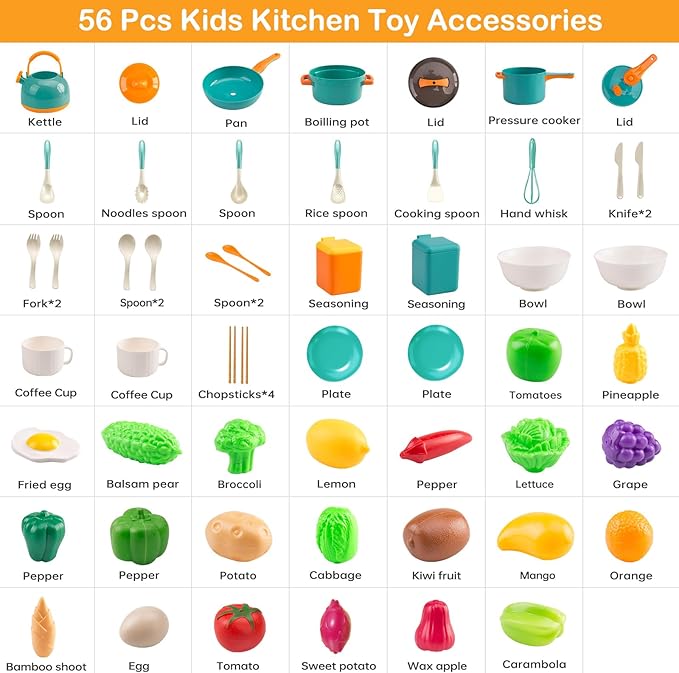 56Pcs Mini Play Kitchen Accessories for Kids, Pretend Cooking Playset with Cookware, Tableware & 2 Fruit Sets, Learning Gift for Girls, Boys, Toddlers, Green