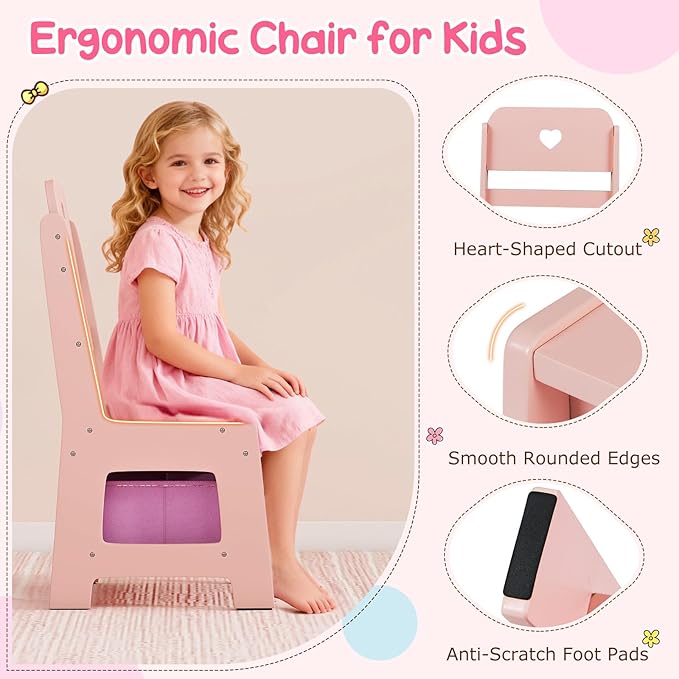 Costzon Kids Vanity, Girls Vanity Set with Mirror and Lights, Jewelry Storage, Shelves, Princess Toddler Makeup Vanity Desk Dressing Table, Wooden Kids Vanity Table and Chair Set (Pink)