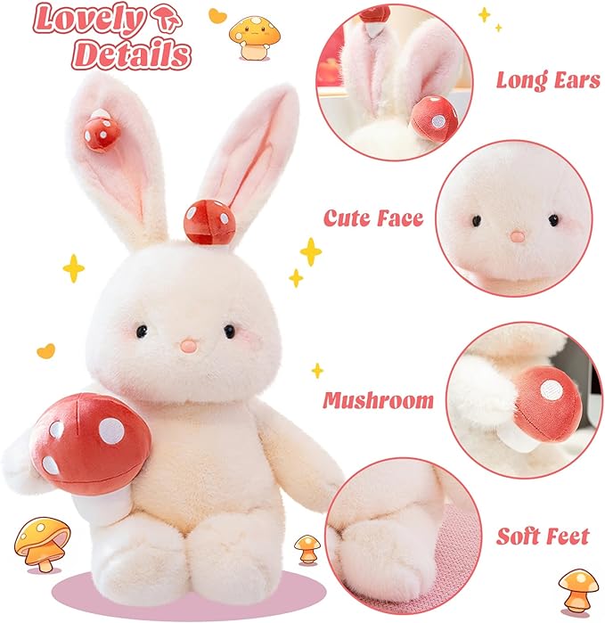 PEACH CAT Mushroom Bunny Stuffed Animals 15.7" Cute Rabbit Plushies Soft Plush Toys Gifts for Kids White