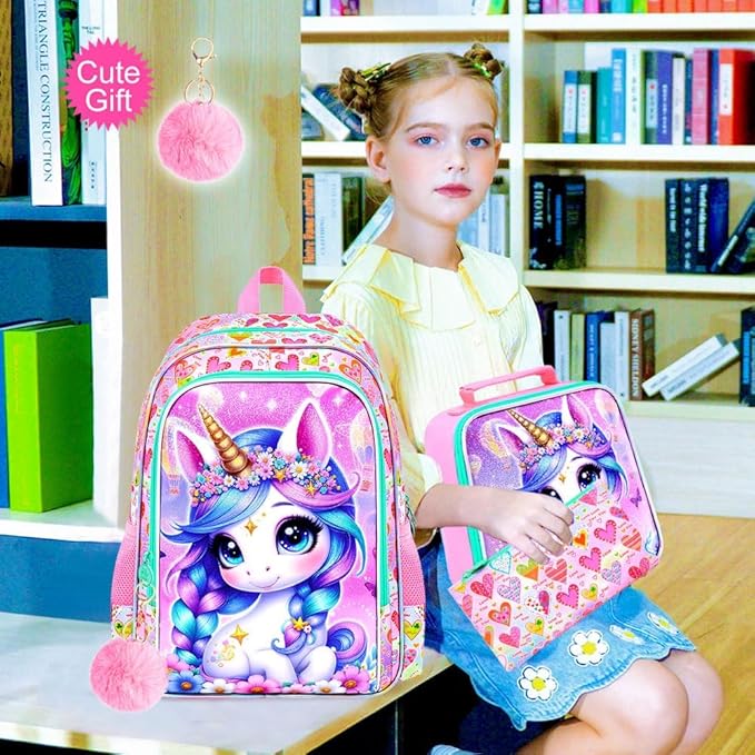 CCJPX 3Pcs Unicorn Backpack for Girls, 16” Kids Bookbag with Lunch Box, Water Resistant Elementary School Bag for Kindergarten Preschool Toddler (Pink)