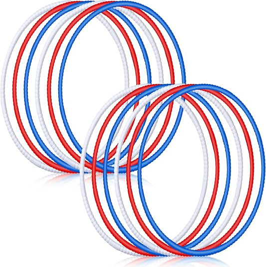 Sratte 12 Pcs Toy Hoop for Kid Detachable Adjustable Toy Hoop Colored Hoop Exercise Ring Plastic Circle for Kid Teen Gymnastics Dog Agility Equipment, Require Self Assembly(White, Blue, Red, 28 Inch)