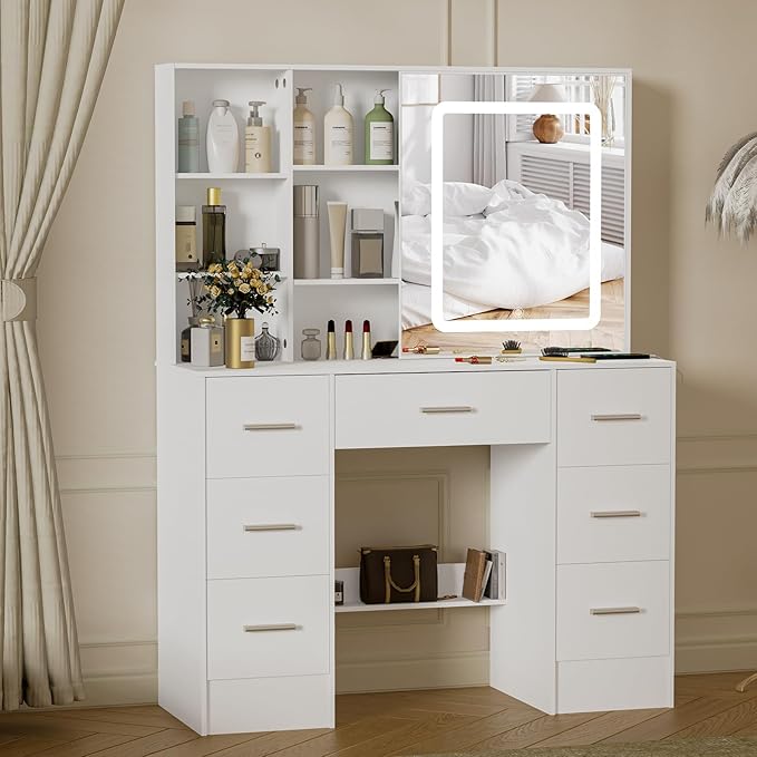 Vanity Desk with Sliding Mirror and Lights, 39.4''W White Vanity Desk with Lighted Mirror, Drawers, 3-Mode Lights, Adjustable Brightness, Makeup Vanity Dressing Table for Bedroom, Girls, Women Gifts