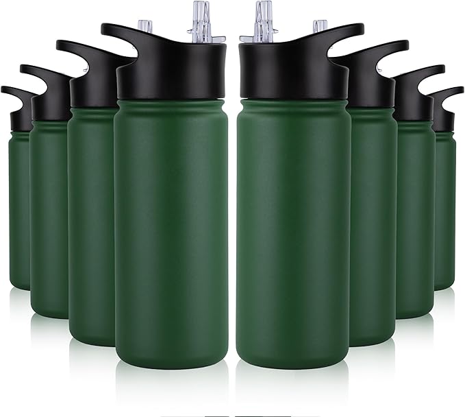 16 oz Insulated Water Bottle Bulk 8 Pack, Straw & Spout Lid, Keep Cold 24H, Spill Proof, BPA-Free, Double Wall, Stainless Steel Kids Water Bottles for School, Sports, Dark Green