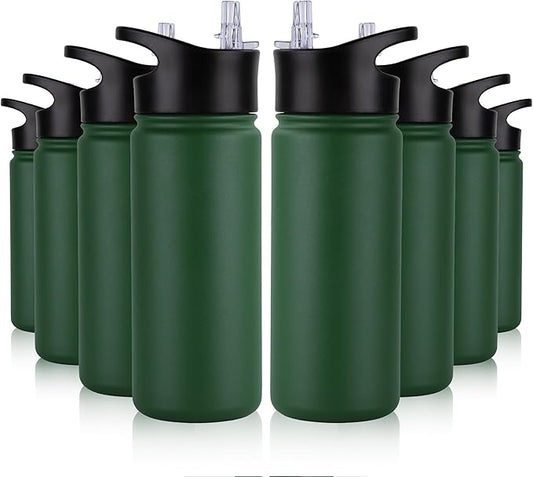 16 oz Insulated Water Bottle Bulk 8 Pack, Straw & Spout Lid, Keep Cold 24H, Spill Proof, BPA-Free, Double Wall, Stainless Steel Kids Water Bottles for School, Sports, Dark Green