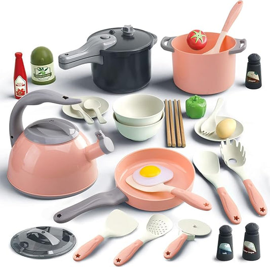 Bruvoalon 32Pcs Kids Play Kitchen Toys Set, Toddlers Pretend Cooking Playset Acccessories with Pots Pans, Utensils Cookware, Foods, Canned Veges, Learning Gift for Kids Girls Boys (Pink)