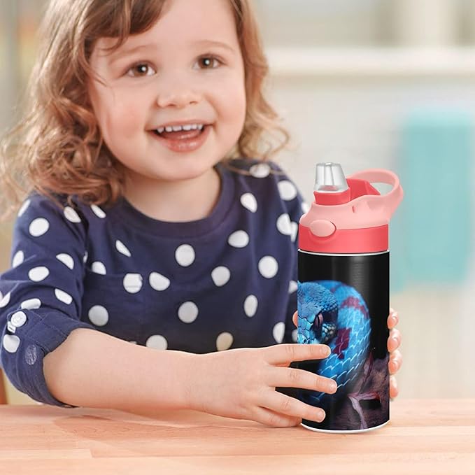 Kigai Black & White Cow Print Kids Water Bottle with Straw Lid, Vacuum Insulated Stainless Steel Double Walled Leakproof Tumbler Travel Cup for Girls Boys Toddlers, 12 oz