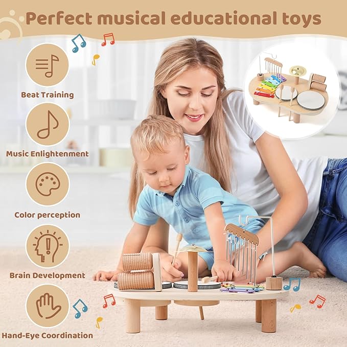 Promise Babe Wooden Drum Set for Toddlers 1-3, Musical Percussion Instruments for Kids Baby Drum Set Xylophone, Montessori Educational Musical Toys, Gifts for Girls Boys Ages 3+