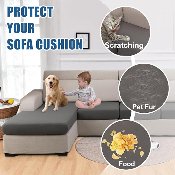 100% Waterproof Couch Cushion Covers, Replacement Sofa Cushion Covers, Stretch Individual Sofa Seat Cushion Slipcovers Furniture Protector for Kids Pets (3-Piece Sofa Cushion Cover, Grey)