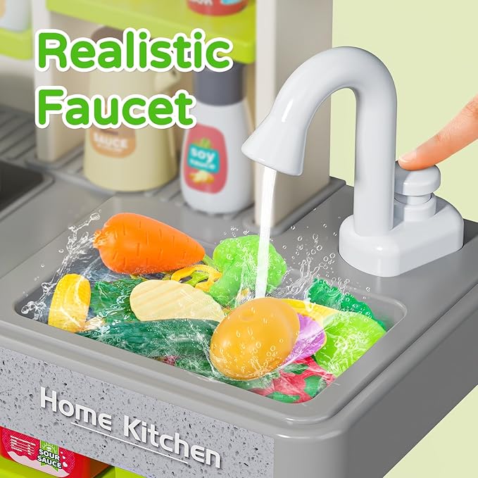 Letapapa Kids Play Kitchen Set, Kitchen Toys with Realistic Sound & Light, Cooking Stove, Sink, Play Food and Kitchen Accessories, Kitchen Playset Gifts for Toddlers Girls Boys