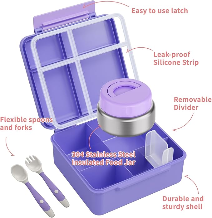 Bento Box for Kids with Thermo Food Container (9oz), 4-Compartment Lunch Box, Adjustable Divider, Leakproof Bento Lunch Box, Includes Utensils & Carry Bag for School, Office(Purple)