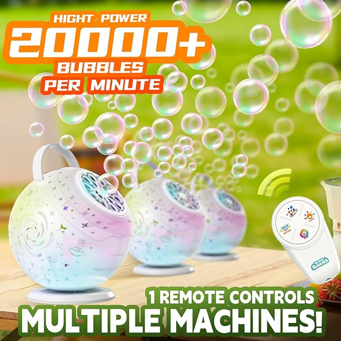 Rechargeable Bubble Machine - Bubble Maker for Kids with 90°/360° Rotation, Remote, Make Larger Bubbles, Colorful LED, Bubble Blower Outdoor Toys Gifts for Toddlers, Easter, Birthday, Party