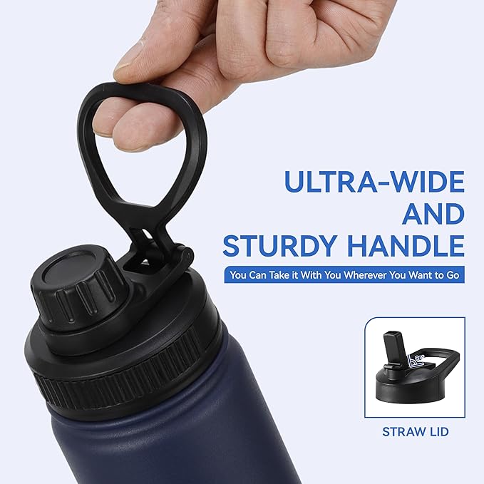 DOMICARE 16 oz Water Bottle Stainless Steel Double Wall Vacuum Insulated Water Bottle with Straw lids & Spout Lid, Leakproof