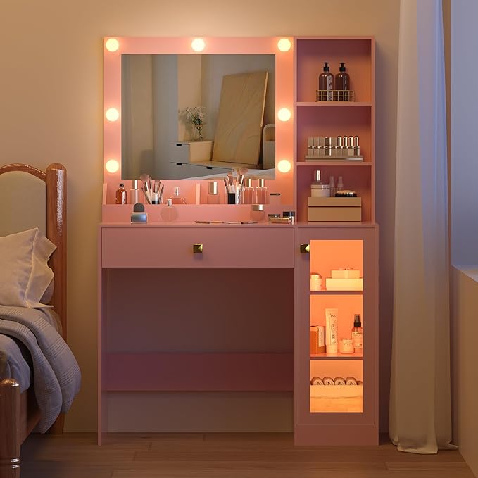 Small Vanity Desk with Mirror and Lights, Makeup Vanity Desk with Adjustable Brightness 3 Light Modes, RGB Storage Cabinet, Power Outlet, Drawer, Shelves (Rose Blush)