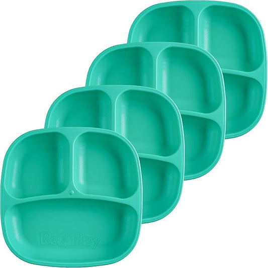 Re-Play Toddler Plates with Dividers - Deep-Walled 3 Compartments Divided Plates for Kids - Dishwasher & Microwave Safe - Made in USA - Set of 4-7.37" x 7.37" x 1.25" - Aqua