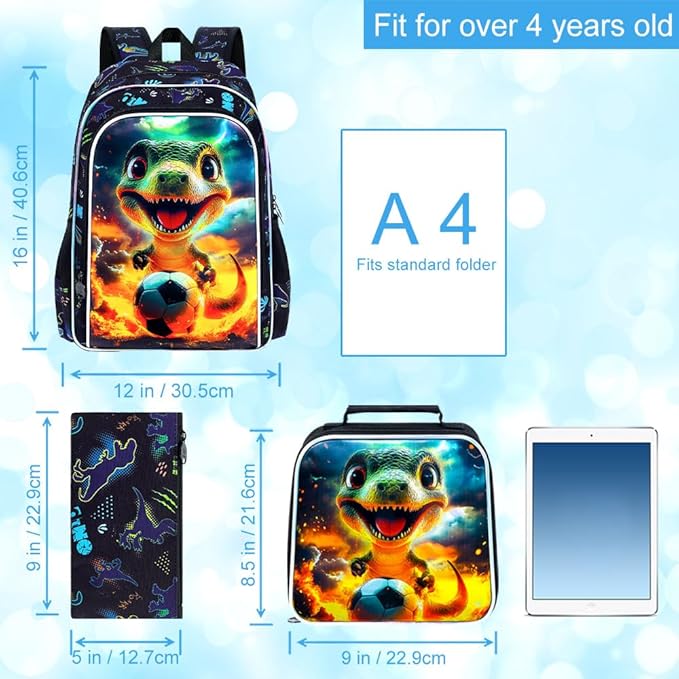 3Pcs Dinosaur Backpack for Boy, 16" Soccer Bookbag for Elementary Preschool Kindergarten, Kids School Backpacks with Lunch Box (Black)