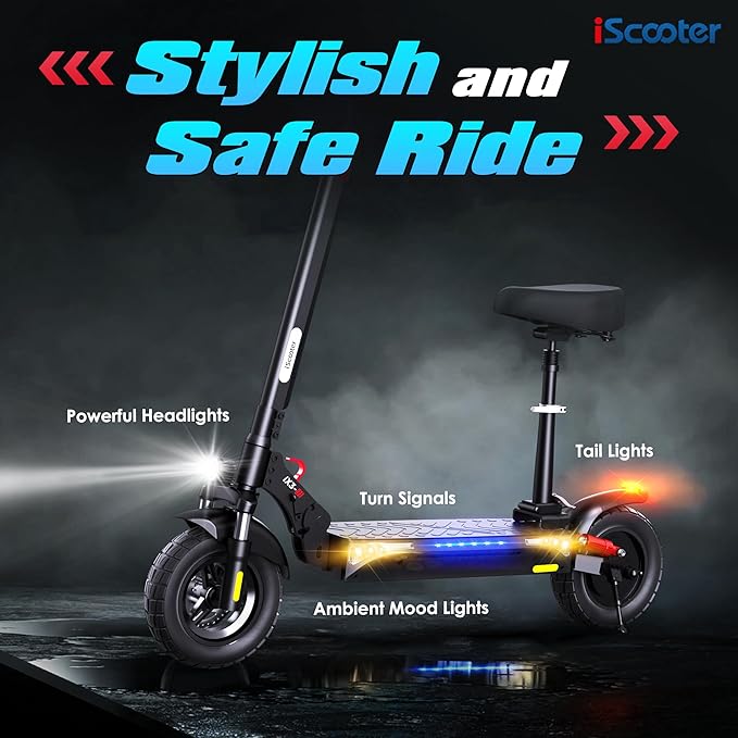 iScooter Electric Scooter, 10" Tires, 800W Motor E-Scooter Up to 25/28 Miles Range, Top Speed 24/28 MPH, Adjustable Handlebar Height, Folding Commuting Electric Scooter for Adults-(Optional Seat)
