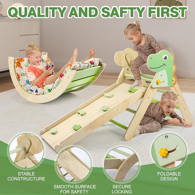 Pikler Triangle Set with Cushion, 7 in 1 Toddler Climbing Toys Indoor, Montessori Foldable Set, Wooden Climbing Toys for Toddlers Inside with Ramp, Arch and Ladder (Dinosaur)