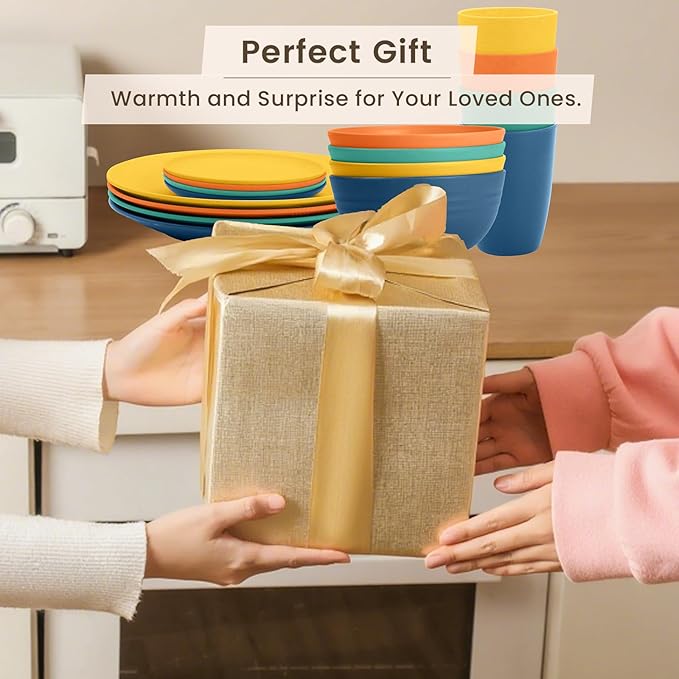 Homienly Dish Set Wheat Straw Dinnerware Sets Unbreakable Reusable Dinnerware Set 16 PCS Cups Plates and Bowls Sets, Microwave and Dishwasher Safe Dishes for Camping, Outdoor - Colorful