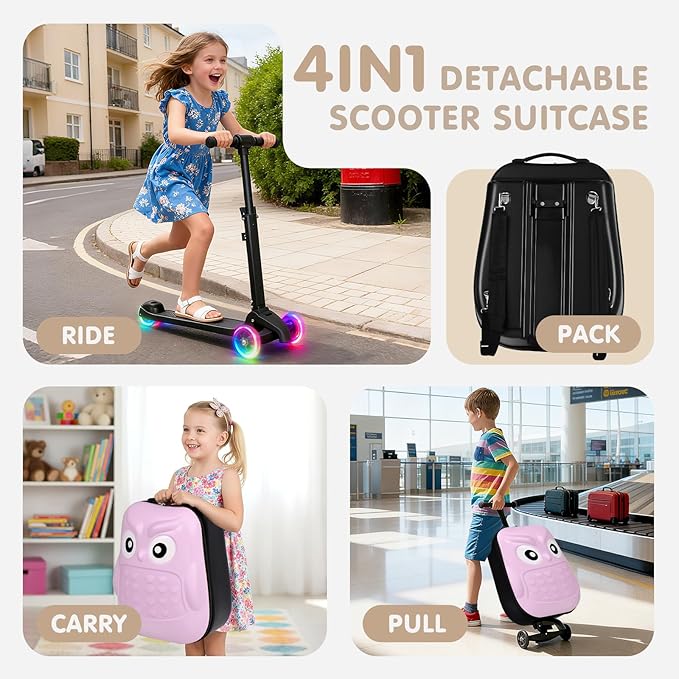 smilesun 4-in-1 Detachable Scooter Suitcase for Kids & Teens, 3D Owl/Dolphin Hardside Ride-On Luggage, Lightweight Foldable Design, Unique Travel Gift for Children(Pink Owl 22-inch)