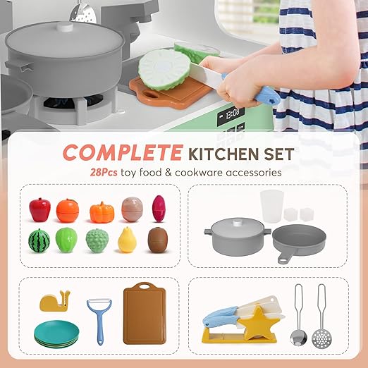 BIERUM Play Kitchen with Realistic Lights & Sounds, Wooden Kitchen Playset with 28 Pcs Toy Food & Cookware Accessories, Toy Kitchen with Plenty of Play Features, Idea Gift for Boys and Girls Ages 3+