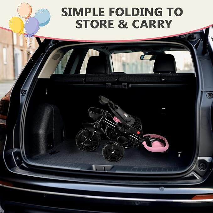Kinder King Kids Tricycle, 7 in 1 Folding Toddler Trike w/Adjustable Push Handle, Rotatable Seat, Adjustable Canopy, Safety Harness, Storage, Toddler Stroller Bike for Age 6 Months+,Pink