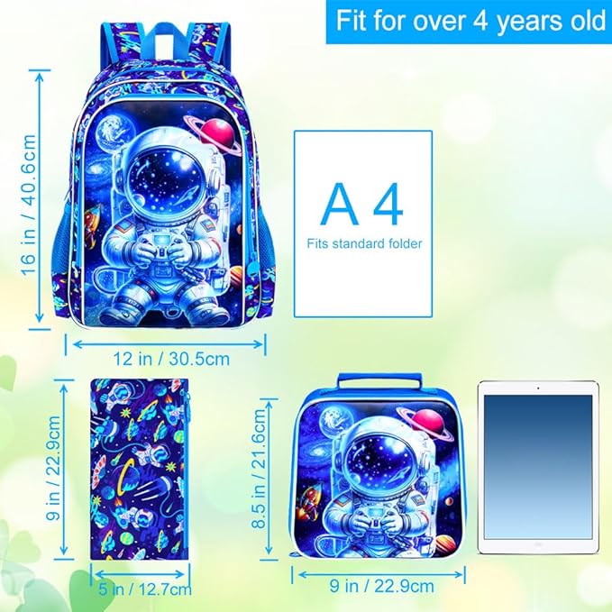 16" Space Backpack for Boy, 3Pcs Astronaut Bookbag for Elementary Preschool Kindergarten, Kids School Backpacks with Lunch Box (Blue)