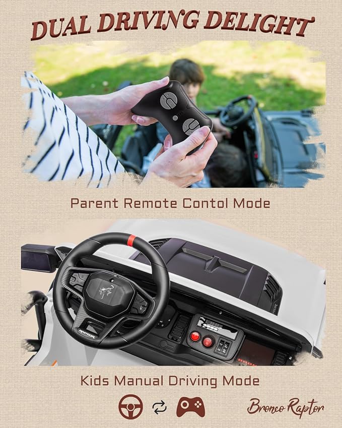 Licensed Ford Bronco Raptor 24V 2 Seater Kids Ride on Toys, Battery Powered Electric Ride on Car, Remote Control Electric Car w/Led Lights, Music, High Low Speed (24V, White)