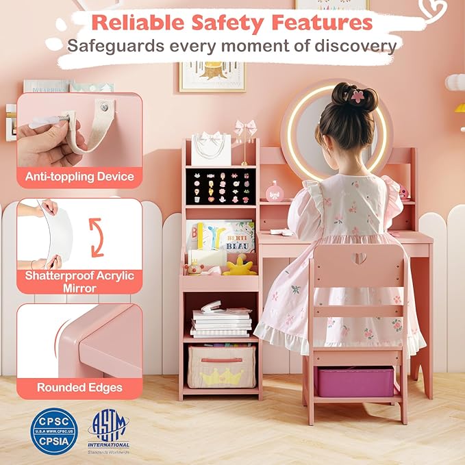 HONEY JOY Kids Vanity with Lights, Wooden Princess Makeup Dressing Vanity Desk with Jewelry Storage, Open Shelves, 2 in 1 Toddler Vanity Table & Chair Set with Lighted Mirror for Little Girls(Pink)