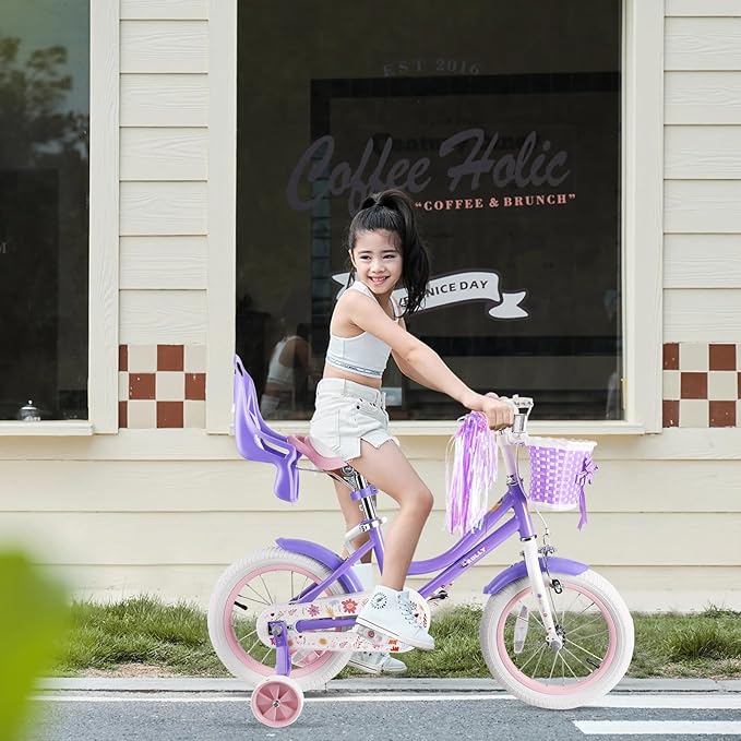 RULLY Daisy Kids Bike for Girls Ages 2-9 Years, 12 14 16 18 Inch Princess Girls Bicycle with Doll Bike Seat, Training Wheels, Basket and Streamers, Kids Cycle Bikes, Multiple Colors