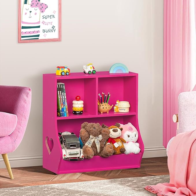 Lerliuo Baby Toddler Bookshelf and Storage Organizer, Kids Cabinet and Bookcase, Wooden 3 Cubby Children Book Shelf for Playroom, Bedroom, Nursery, School 23.62'' H (Pink)