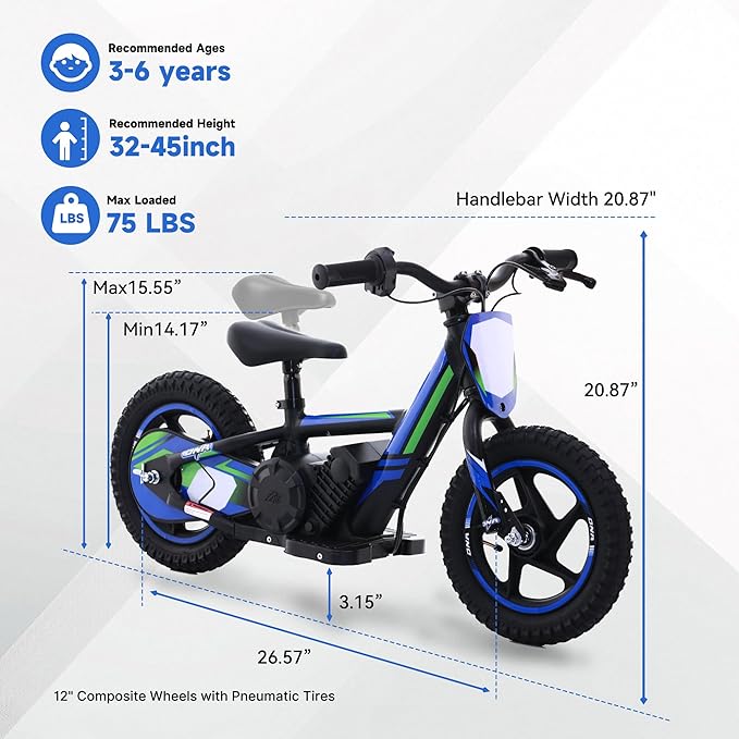 Lightweight Electric Dirt Bike for Kids,170W Racing Motorcycle for Ages 3-6, Detachable Battery, Adjustable Seat, Safe Speeds Up to 10 MPH, Mini Motocross Bike 12" Off Road Tires, Blue