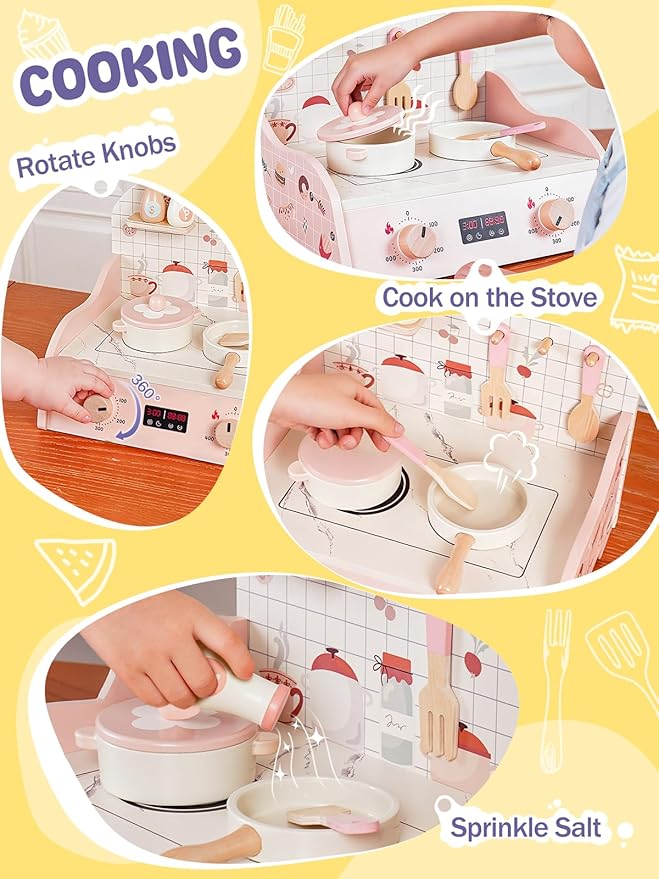 VBABY Wooden Play Kitchen Set, Small Toddler Kitchen Playset with Cutting Fruits, Pretend Cooking Toy for Kids, CPC Certified Premium Present for Toddlers 1-3