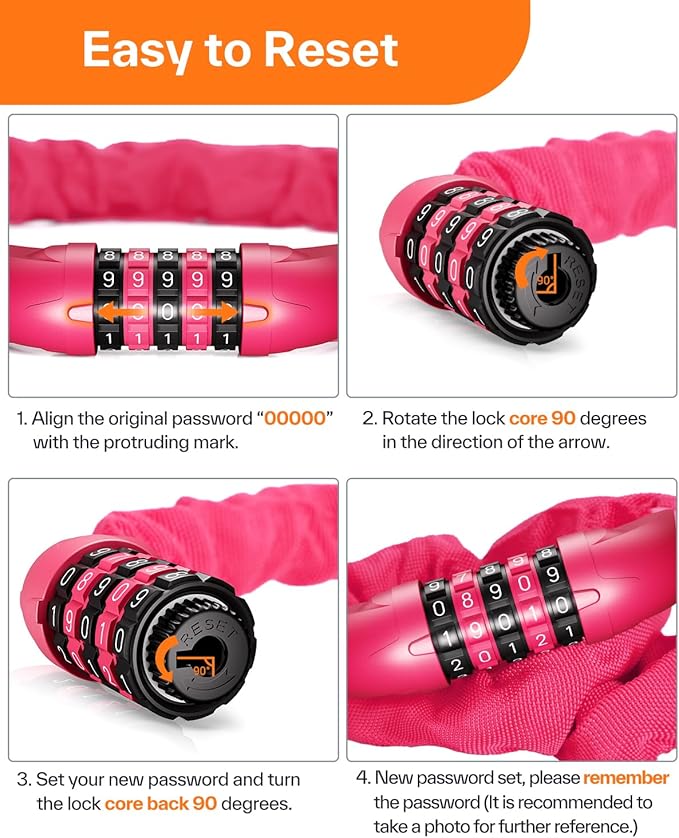 Sportneer Bike Lock: 5 Digit Combination High Security Anti Theft Bike Chain Lock - 3.2/3.6/4ft Heavy Duty Keyless Bicycle Lock for Bike, Motorcycle, Scooter, Door & Gate - 4/6mm Thick, Easy to Use