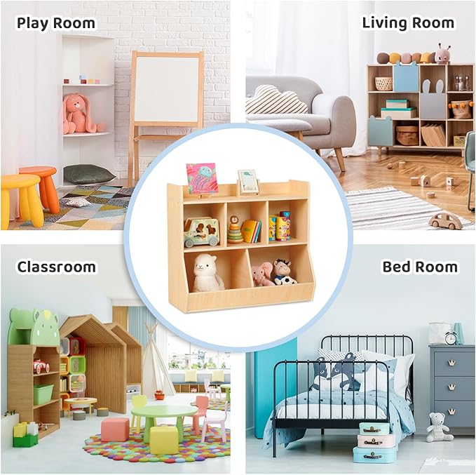 OOOK Montessori Toy Shelf, Toy Storage Shelves, Wooden Storage Cabinet, 5 Cubby Children Bookcase, Kids Bookshelf for Playroom, Nursery, Daycare, Preschool, Classroom Furniture