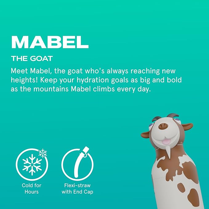 asobu Bestie Bottle Insulated Stainless Steel Water Bottle with Detachable Soft Animal Head Fun Drinking For Kids and Teens with Flexible Reusable Straw 16 Ounce (Goat)