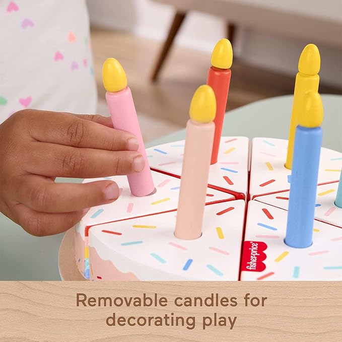 Fisher-Price Wood Pretend Play Toy Cake Set, 14-Piece Wooden Food Decorating & Serving Play for Preschool Kids Ages 3+ Years