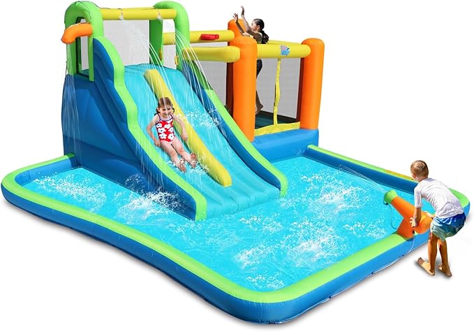 Action Air Water Slide, 7-in-1 Inflatable Bounce House with Large Pool, Extra Bouncing Area with Basketball Hoop, Large Bouncy Area 64x62 inch, Double Slide with Water Spray for More Fun