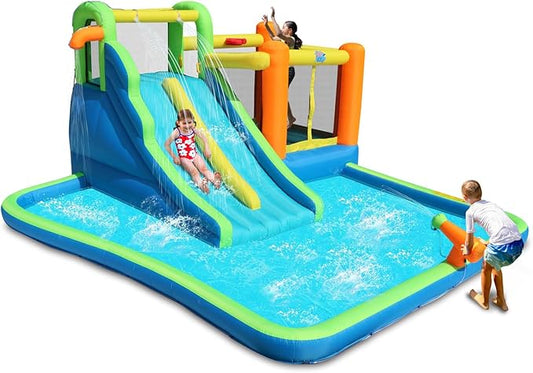 Action Air Water Slide, 7-in-1 Inflatable Bounce House with Large Pool, Extra Bouncing Area with Basketball Hoop, Large Bouncy Area 64x62 inch, Double Slide with Water Spray for More Fun