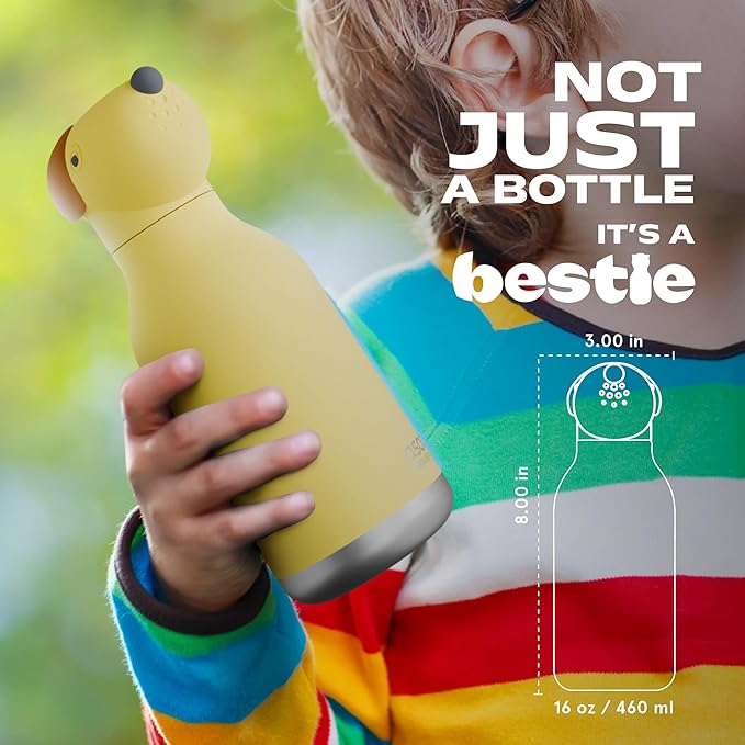 asobu Bestie Bottle Insulated Stainless Steel Water Bottle with Detachable Soft Animal Head Fun Drinking For Kids and Teens with Flexible Reusable Straw 16 Ounce