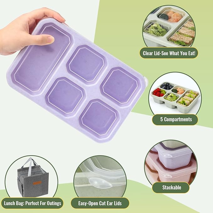 4-Pack Bento Box Adult with Lunch Bag, 5 - Compartment Snack Containers, Reusable Snackle Box with Lids, Meal Prep Containers for Work, Travel and Camping