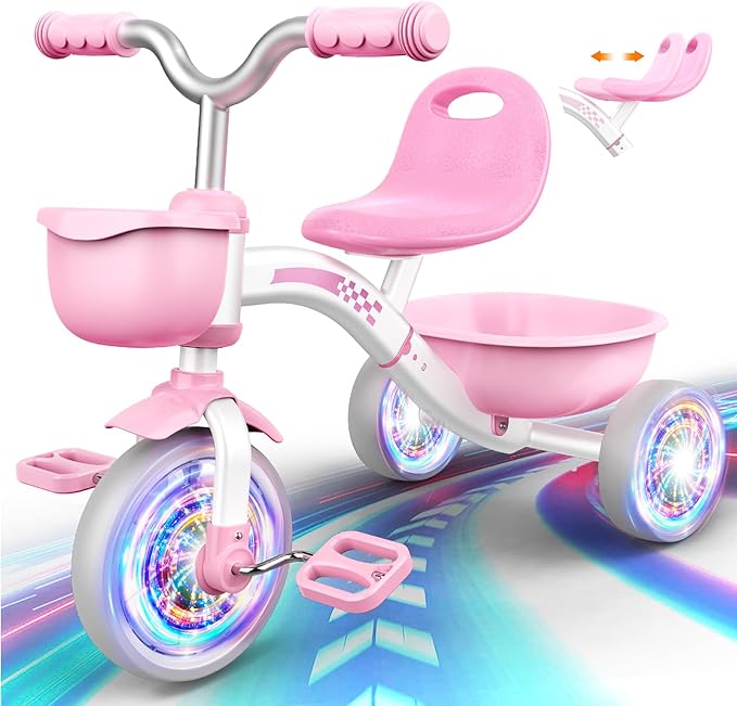 Toddler Tricycle for 1-3 3-4 Year Olds, Toddler Toys Baby Bike, Toys for Ages 2-4, 3-Level Adjustable Seat, 3 Colorful Lighting Wheels, 2 3 4 Year Old Girl Birthday Gifts Pink