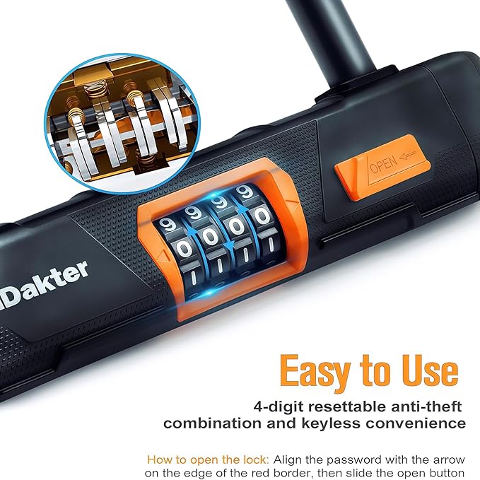 NDakter Bike Locks Heavy Duty Anti Theft, Combo Bike U Lock, 4-Digit Resettable Combination Bicycle Lock, Large U Shaped Ebike Lock with 5Ft Steel Cable for Electric Bike, Escooter, Motorcycle,Door