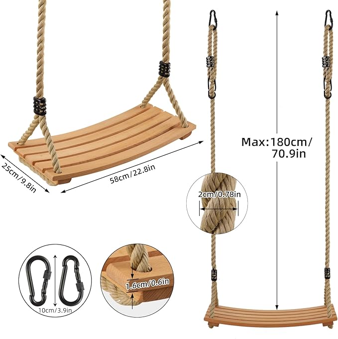 PELLOR Hanging Wooden Swing, Tree Swings for Adults/Kids with 440lbs Load, Curved Swing Seat 22.8"x 9.8"x 0.6", Adjustable Rope Swing Plus Size Tree Swing Set for Indoor and Outdoor