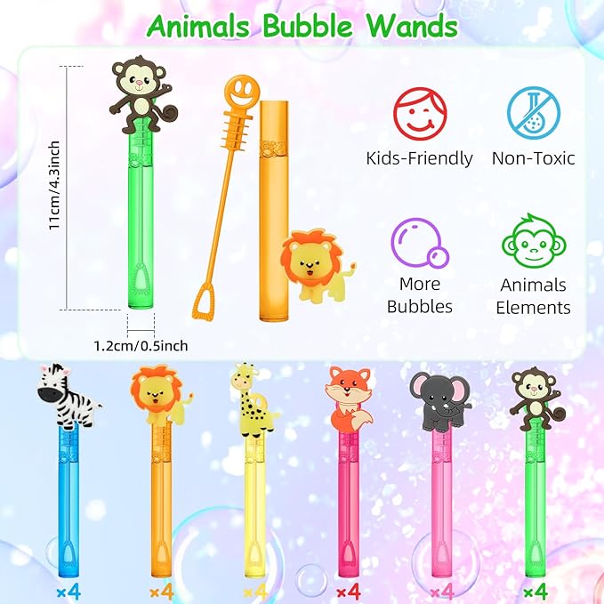 24 Jungle Animal Party Favors Bubble Wands for Kids, Lion Fox Zebra Giraffe Safari Mini Bubbles Wand Toys, Woodland Theme Birthday Party Supplies Goodie Gift Bag Stuffers Pinata Classroom Prizes
