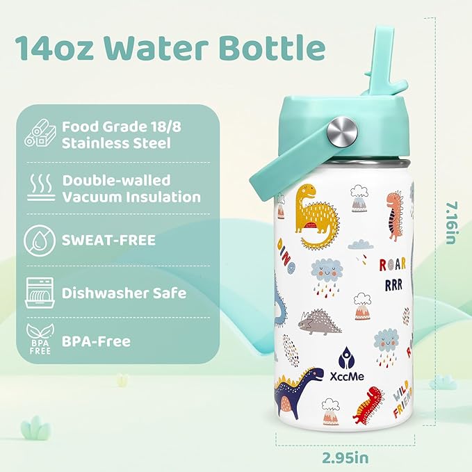 2Pack Kids Water Bottle With Straw Lid,14 oz Stainless Steel Travel Bottle,Double Wall Leak Proof Kids Cup,Insulated Tumbler for Toddlers,Metal Bottle for School Boys Girls(Alphabet+Dinosaur)