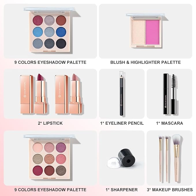 Color Nymph Beginner Makeup Set, Full Starter Cosmetics Set for Teenager Girls with Eyeshadow Palette Blush Lipstick Lip Pencil Eye Pencil Brush Mascara Portable Bag