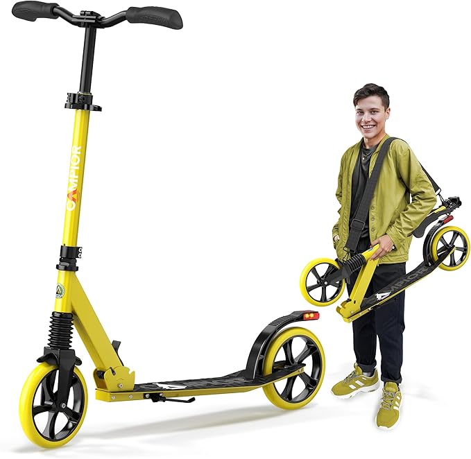 Kick Scooter for Ages 6+, for Kids, Teens, and Adults, Max Load 240 LBS, Foldable, 8-inch Big Wheels for Kids and Adults, with Kickstand, 3 Adjustable Levels, Child Safety Approved, Yellow